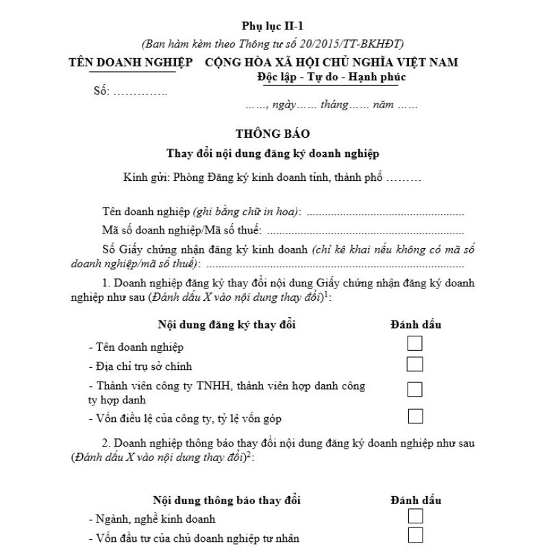 Mẫu thay đổi thông tin trên giấy phép kinh doanh
